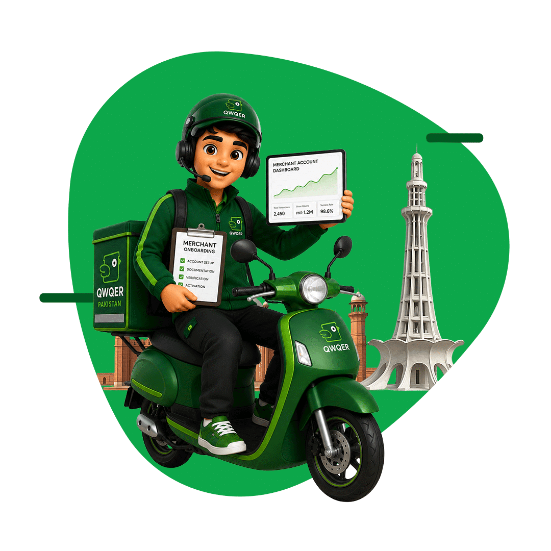 QWQER Pakistan delivery rider mascot holding a parcel and giving a thumbs up